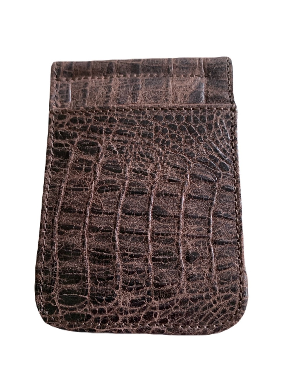 Brown Crocodile Embossed Genuine Leather Card & Money Spring Clip Made in USA